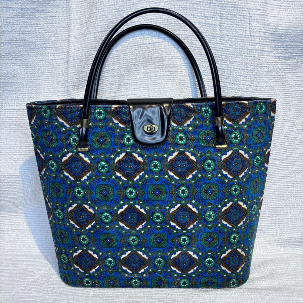 Vintage MCM Geometric Patterned Blue & Green Tapestry Carpet Bag - tote